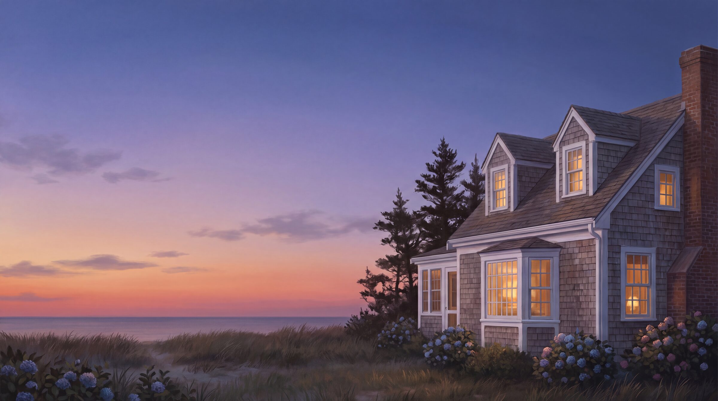 The inn at dusk: a shingled Cape cottage with lit windows above the dune grass, under a violet twilight sky over the water.